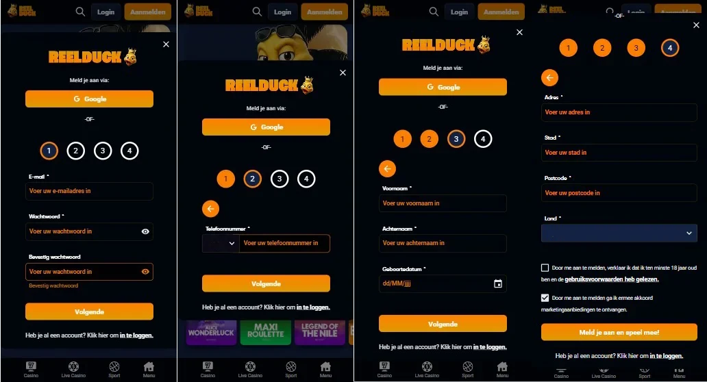 ReelDuck Casino: registratie in vier stappen op mobiel